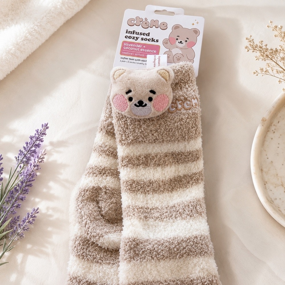 The Crème Shop Kawaii Bear Cozy Socks Lavender Coconut Spa Self Care NWT